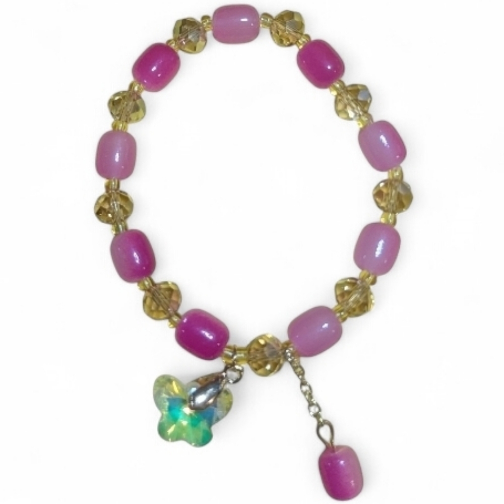 Hand Crafted Glass Beaded Bracelet O/S  Butterfly Glass Charm Stretch Pink NEW